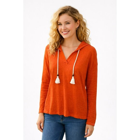 Sigrid Olsen Tops - Sigrid Olsen Orange Hooded Linen Top With Tassels Womens Medium